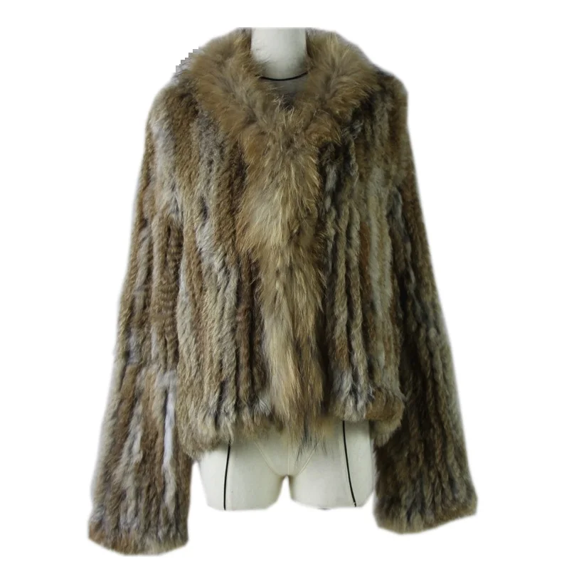 2021 Nova Pele do Coelho Genuíno casaco de Malha para as Mulheres Raccoon gola de Pele Casaco de Trincheira Outwear de moda festa de rua Jaqueta