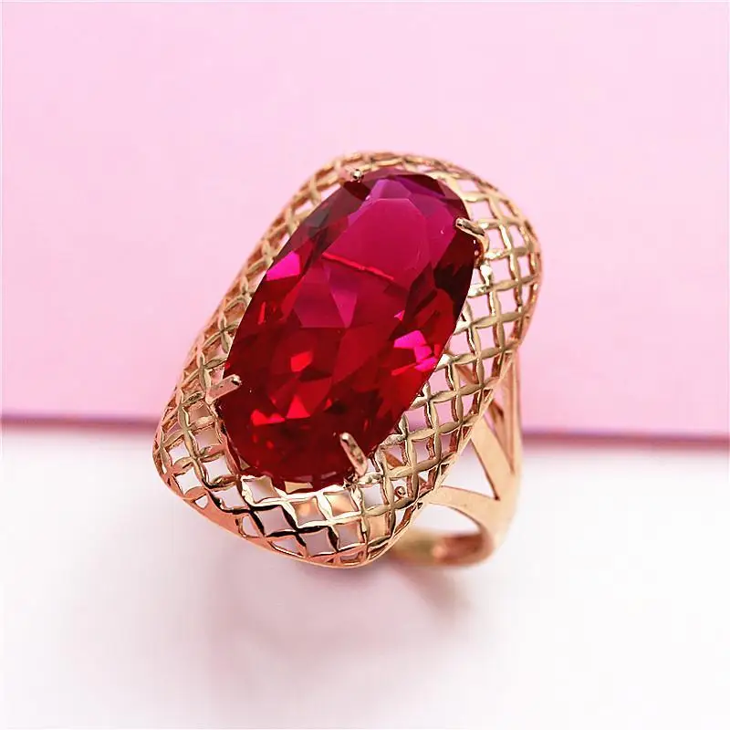 585 roxo de ouro 14K ouro rosa clássico oval anéis de rubi para as mulheres quadrado oco de artesanato exagerada de luxo, jóias de casamento