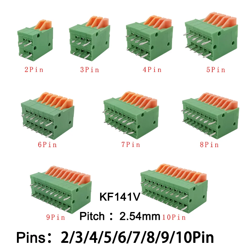 5Pcs KF141V de 2,54 mm de Campo Verde PCB Dobrado Conectores Pé 2/3/4/5/6/7/8/9/10 Pino de Mola Mola bornes de