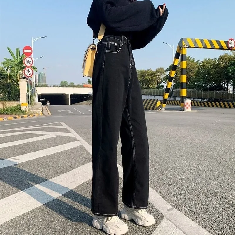 Calças de brim das Mulheres da Rua Casual Todos-jogo Estilo coreano Limpar Calças Jeans Vintage Preto Sólido Cintura Alta Outono Folgado Chique Ulzzang