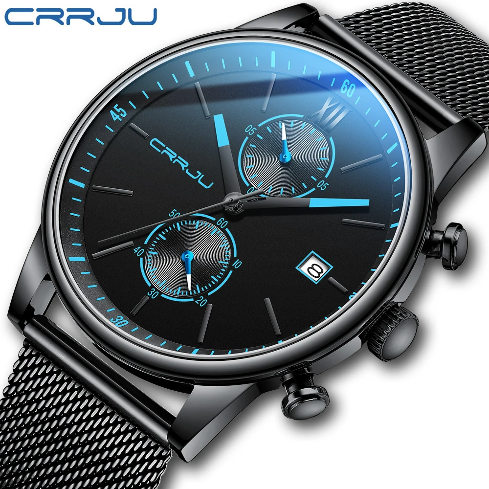 CRRJU Homens do Relógio de Luxo Casual de Quartzo Relógios com ponteiros azuis Desporto Cronógrafo Relógio de Aço Inoxidável Relógios de Pulso para homens