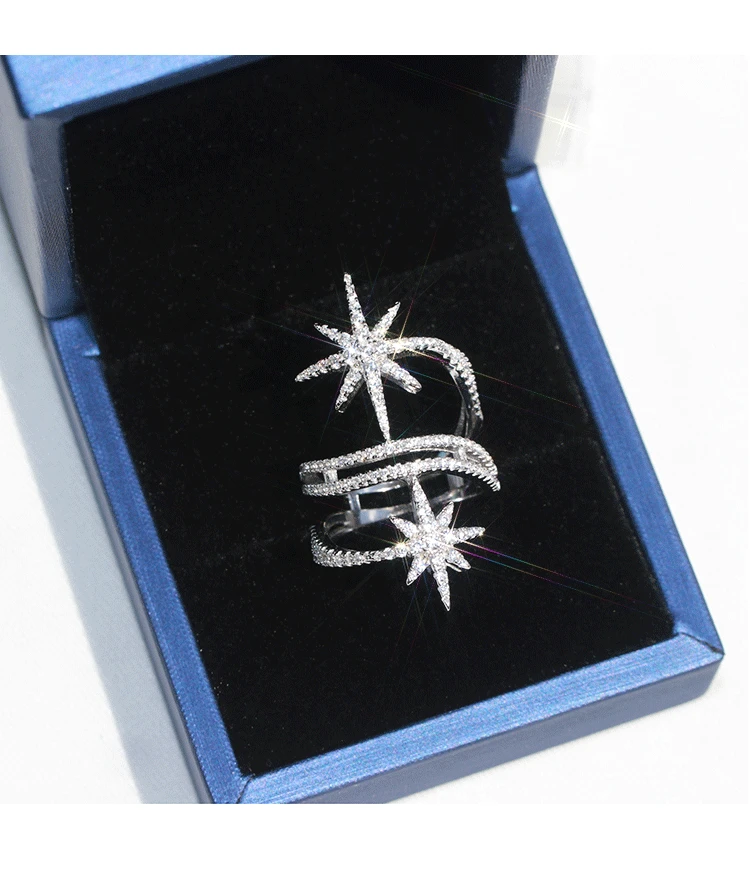 Declaração de Estrelas de Diamante da cz Anel de Ouro Branco Cheio de Engajamento banda de Casamento de Anéis para as Mulheres, Festa Nupcial Jóias
