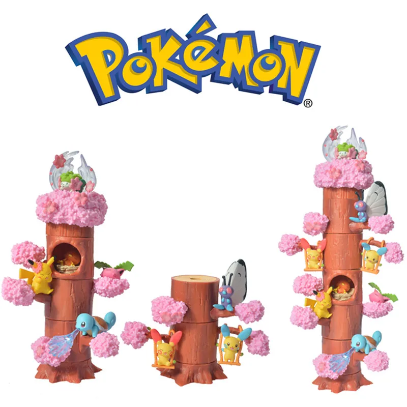 Genuíno 6Pcs/Set Pokemon Montar Toco de Árvore Bonito Elf Árvore de Cereja Pikachu Móveis Decoração de Boneca Brinquedos para Crianças de Presente