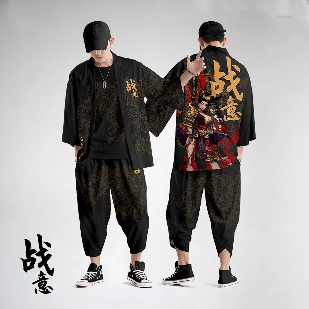 Japonês Estilo Vintage Quimono Haori Calças Conjunto De Homens Tradicional Harajuku Streetwear Samurai Casaquinho De Traje Yukata