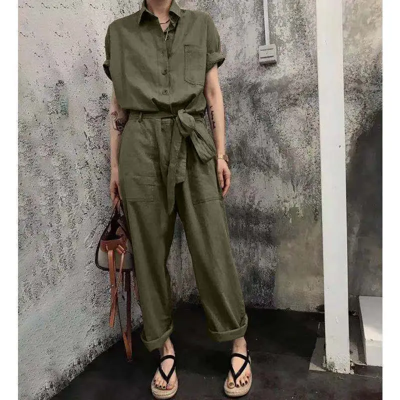 Macacão de Mulheres da Moda Verão Botão Novo Estilo Estilo Laço na Cintura Alta Solta coreano Senhora Sólido Macacão 0