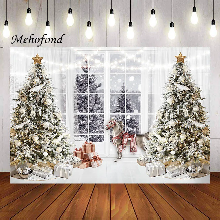 Mehofond Fotografia De Fundo Inverno De Natal Janela Branca E Glitter Árvore De Natal Floresta Crianças Retrato Decoração Pano De Fundo Photo Studio 0