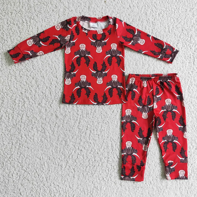 Menino De Natal Pijamas Criança De Manga Longa Ocidental Highland Vaca Superior Calça Infantil Criança Conjunto De Crianças Vermelha Pijama Nightclothes