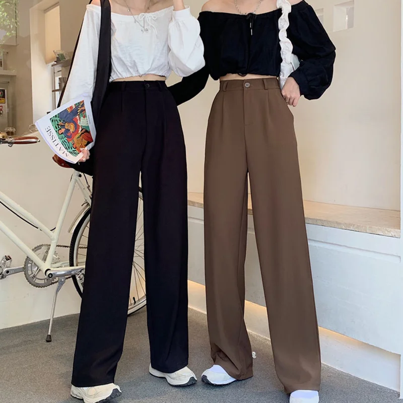 Mulheres de Cintura Alta Chique Office Casual Solta Moda Harajuku Todos-jogo Simples Calças compridas Sólido Outono Básica de Perna Larga Calças
