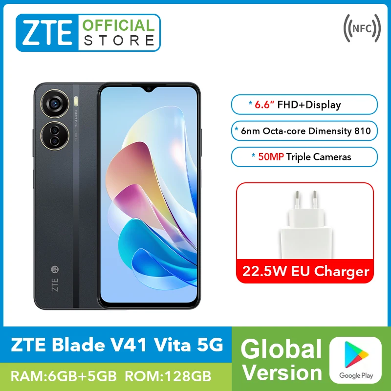 Nova Versão Global ZTE Blade V41 Vita 5G Smartphone Dimensity 810 50MP Triplo Câmeras 6GB de 128GB NFC 22,5 W 4500mAh