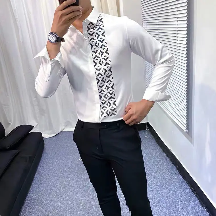 Outono de moda Britânico personalidade bonito impresso camisa de manga longa masculina coreano slim Brincalhão tendência high-end camisa
