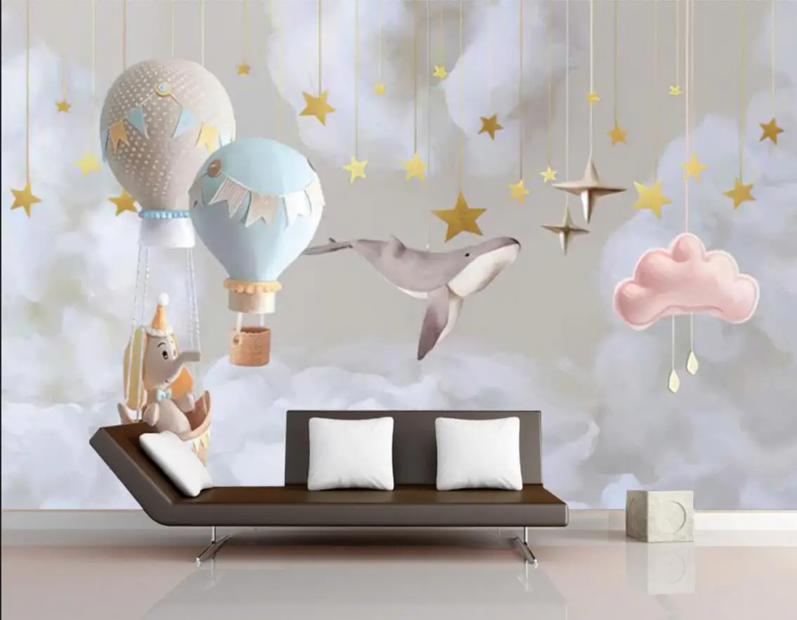 Papel de parede personalizado pintado a mão quarto infantil balão de ar quente estrelas mural decoração home sala quarto animal 3d papel de parede
