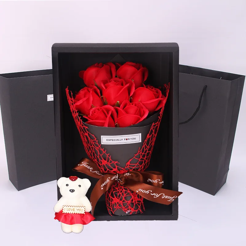 QWOK Melhor Presente do Dia dos Namorados 7 Sabão Rosa Flor Caixa de Presente Buquê Urso de Pelúcia Esposa de Presente para a Festa de Aniversário de Aniversário