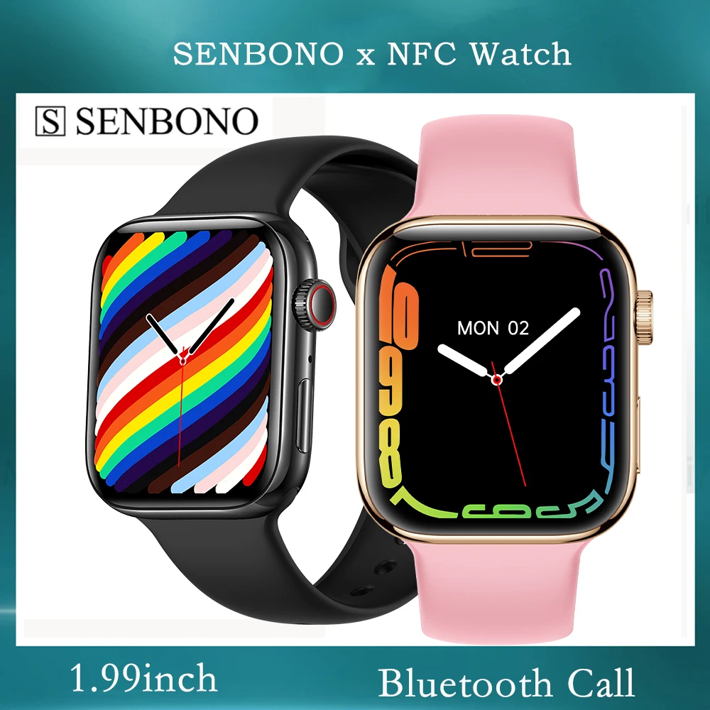 SENBONO Series7 Homens Mulheres Smart Watch NFC Bluetooth Chamada Smartwatch Homem Personalizado Rosto 7 Assistir a Mulher de Carregamento sem Fios PK W27 Pro