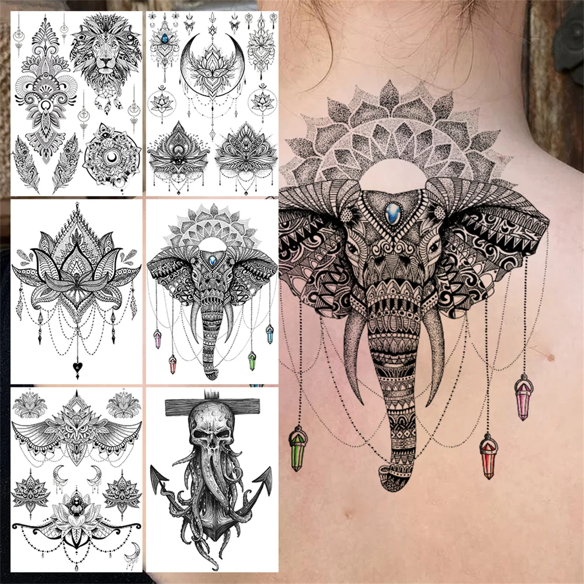 Tribal Diamante Elefante Tatuagens Temporárias Para As Mulheres, A Menina De Preto Grande Tatuagem De Henna Adesivo Falso Mandala Flor Âncora Tatoos De Volta