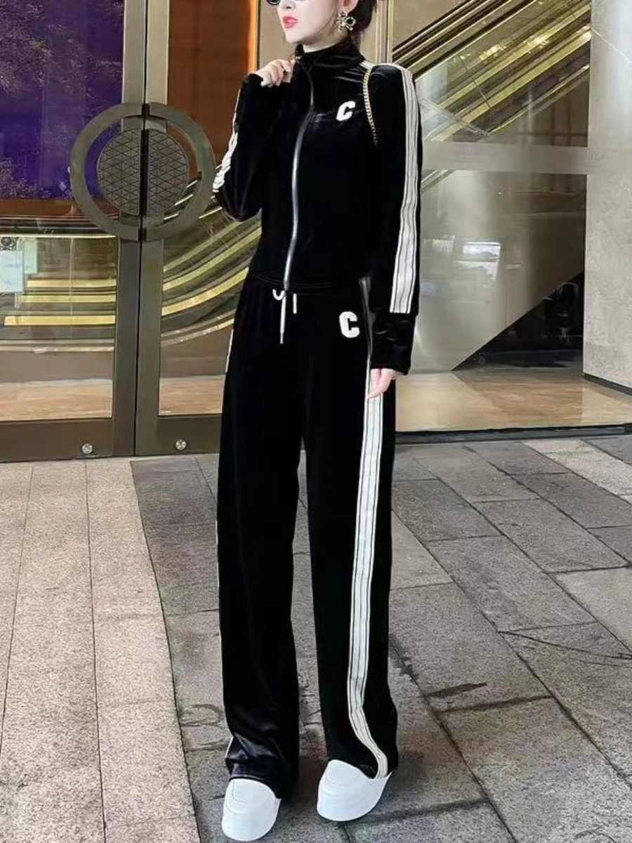 Veludo ouro Sports Leisure Suit para as Mulheres de Outono Inverno Europeu para a Estação de Manga comprida Casaco Grande Perna de Calça Elegante Twinset