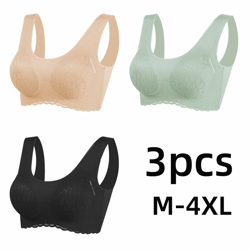 Vip Link 3pcs Mais 4XL Látex Sutiã sem costura Sutiãs para Mulheres Cueca BH Push-Up Bralette com Almofada Colete Top Sutiã