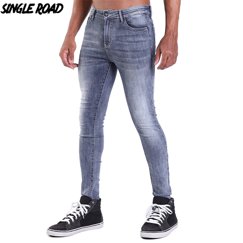 Único De Circulação Super Skinny Jeans Homens 2019 Mens Cinza Motociclista Calça Jeans Homem Streetwear Stretch Denim, Calças De Cintura Elástica Slim Fit Marca