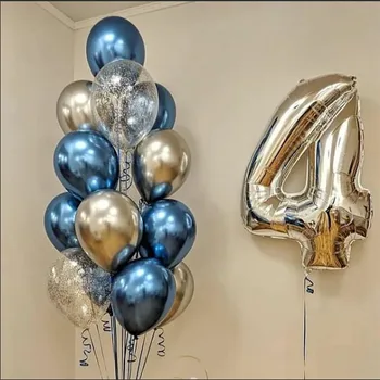 15pcs 12inch Cromo Metálico Azul Prata Balões de Látex 40inch Folha de Número de Balão Crianças Festa de Aniversário, chá de Bebê Decoração Globos