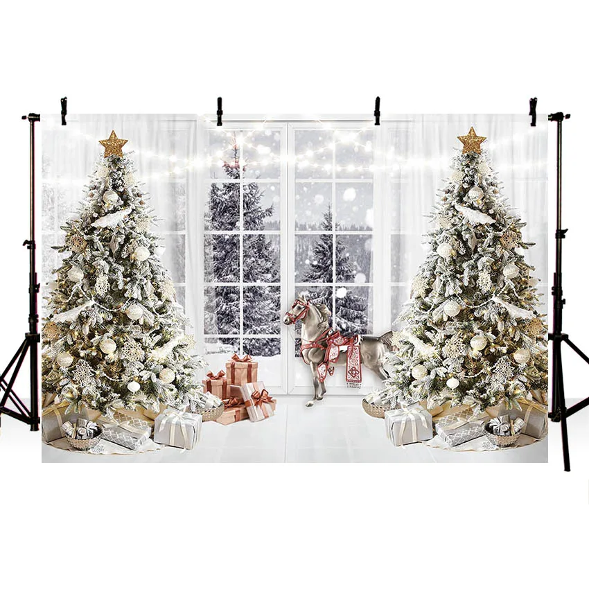 Mehofond Fotografia De Fundo Inverno De Natal Janela Branca E Glitter Árvore De Natal Floresta Crianças Retrato Decoração Pano De Fundo Photo Studio 1