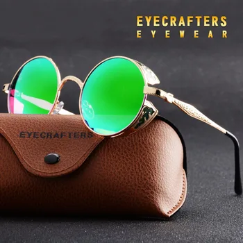 2020 Polarizada Steampunk Gótico Óculos de sol Revestimento Espelhado Círculo de óculos de Sol Retrô Vintage Gafas Masculino Verde