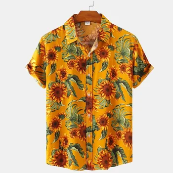 2022 Verão Nova Girassol Impressão de Camisas dos Homens de Moda Praia Camisas de Férias Havaiano Tops Desgaste do Partido