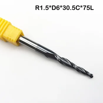 2pc R1.5*D6*30.5*75L*2F HRC55 inteiriças de metal duro de Tungstênio Cone Ball Nose cone de fresa cnc router pouco de madeira faca de ferramenta