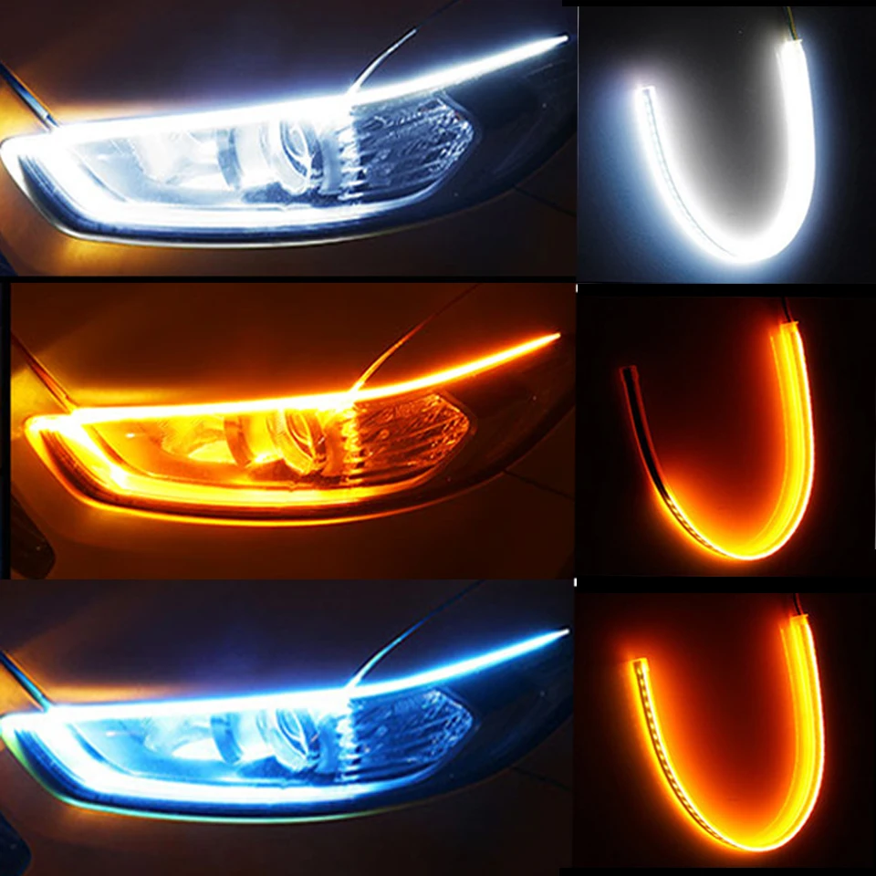 2pcs DRL Carro Flexível Luzes Diurnas de LED Sinal de volta da Lâmpada Impermeável Auto Amarelo Freio do Lado do Faróis de Luz do Carro Out 2