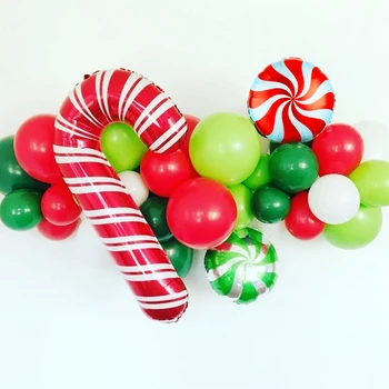 35Pcs Vermelho Verde Balões Garland Kit de Corrente de Arco Hélio Globos de Natal Bastões de Doces Pirulito Folha de Balão de Natal Decoração de Casa