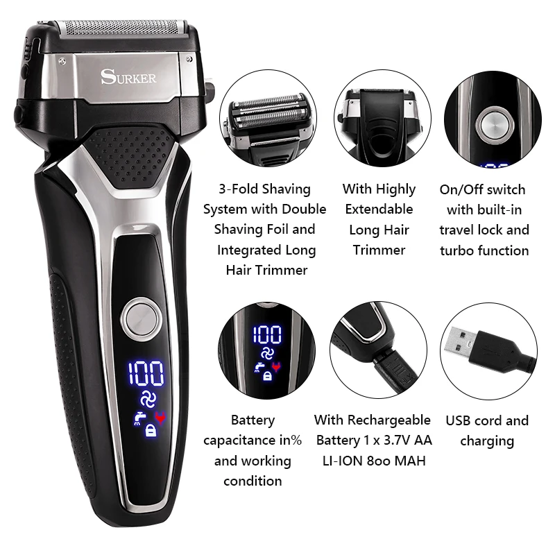 Recarregável USB Barbeador Elétrico de Aço Inoxidável, Máquina de Barbear Homens 3D Triplo de Flutuação da Lâmina de Barbear Barbeador Aparador de Barbeiro 3