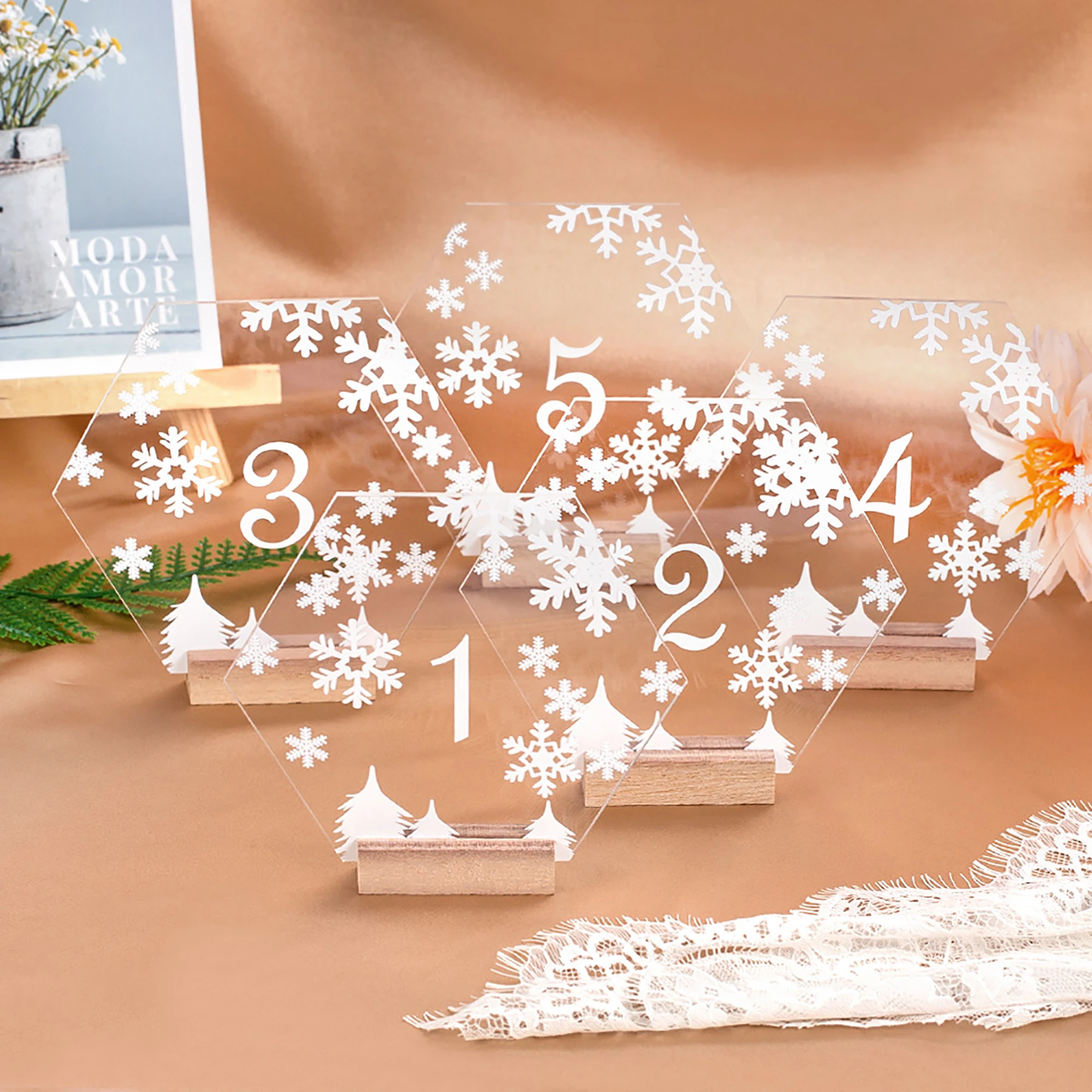 Floco de neve de Acrílico Casamento Números de Mesa Personalizadas Nome Caligrafia de Inverno Número que Vem para Casamento Moderno de Decoração de Natal 4