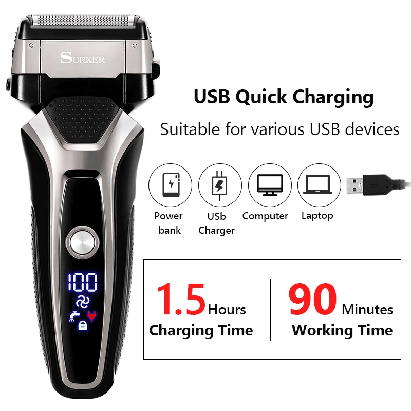 Recarregável USB Barbeador Elétrico de Aço Inoxidável, Máquina de Barbear Homens 3D Triplo de Flutuação da Lâmina de Barbear Barbeador Aparador de Barbeiro 4