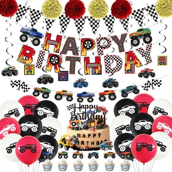 54Pcs Monster Truck Tema para festas Incluem Feliz Aniversário, Banners, Papel Artesanal Decoração com Flores e Balões de Látex