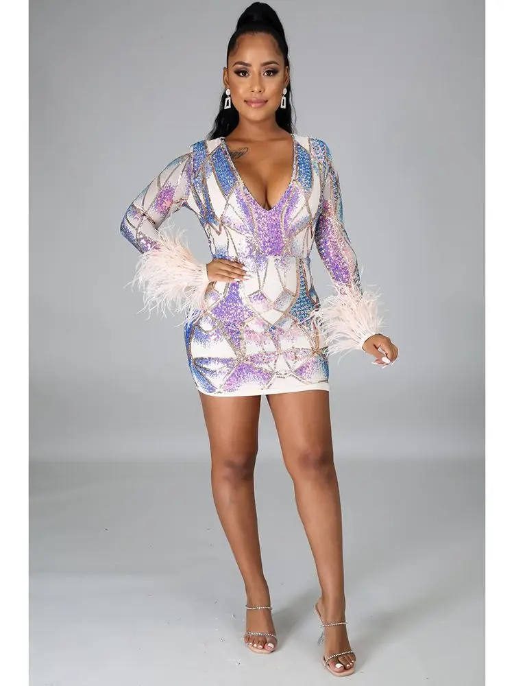 2022 Africana Vestidos De Mulheres Sexy Lantejoulas Design Requintado Manga Longa Plumas De Avestruz Magro Vestido De Festa Noite Vestidos 5