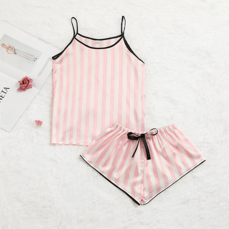 Cor-de-rosa Pijama Listrado de Cetim de Seda Femme Pijama Conjunto de 4 Peças/Set Ponto de Lingerie Camisa de pijama Mulheres Pijamas Moda Pjs 5