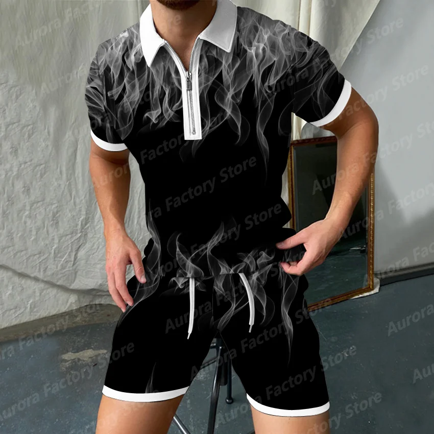 Os homens Verão de Treino de Moda virada para Baixo de Gola Zíper Polo Camisa+Shorts de Esportes Jogging Terno Casual Elegante Sweatersuit Conjunto 5