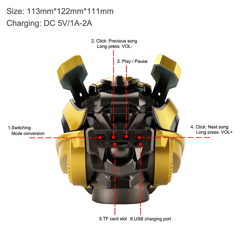 Transformers Bumblebee Capacete sem Fio Bluetooth 5.0 alto-Falante Com Suporte a Rádio Fm Usb Mp3 TF para Crianças 5