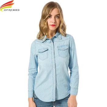 Camisa Jeans Mulheres De Outono, Em 2022, O Azul E O Céu Azul Roupas Plus Size Camisa Com Bolsos Duplos Manga Longa Blusa Elegante Camisas