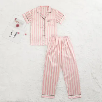 Cor-de-rosa Pijama Listrado de Cetim de Seda Femme Pijama Conjunto de 4 Peças/Set Ponto de Lingerie Camisa de pijama Mulheres Pijamas Moda Pjs 1