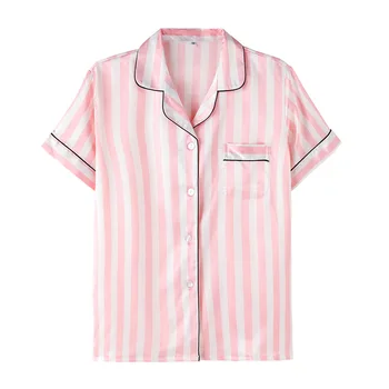 Cor-de-rosa Pijama Listrado de Cetim de Seda Femme Pijama Conjunto de 4 Peças/Set Ponto de Lingerie Camisa de pijama Mulheres Pijamas Moda Pjs 2