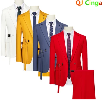 Design de moda Terno Vermelho 2 peças de Conjunto de Homens Formal de Casamento Vestido de Negócio Jaqueta com Calças Amarelo Azul Branco Traje Homme 6xl