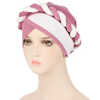 Duplo de Cor Tranças Turbante Chapéus para Mulheres Muçulmanas Testa Cruz Hijab Bonnet Islâmica Headwear Feminino quebra Cabeça Índia Pac