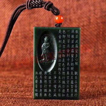 Exquisite da Mão Esculpida Guanyin Sutra do Coração da Natureza Verde Cinza Jade Pingente de Avalokitesvara Amuleto Com Cadeia 4A +
