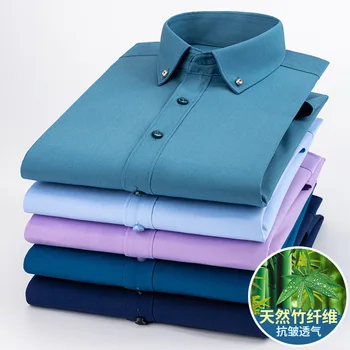 Fibra de bambu Elástico 6XL de Negócios Longsleeve Shirt para Homens Slim Fit Camisa de Homens Strass Camisa Conforto Macio de Trabalho Botão de Camisa