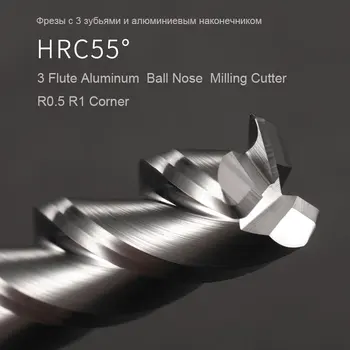 HRC55 3 Flauta de Alumínio Canto Moinho de Extremidade do Carboneto de Tungstênio, Aço CNC Fresa Ball Nose Ferramenta Cortador de Graus R0.5 R1 Metal Roteador