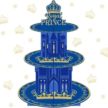 JOYMEMO Príncipe Real Festa Cupcake Stand Azul 3-Camada de Bolo Ficar Festa de Aniversário, chá de Bebê Decorações de Suprimentos Bolo Titular