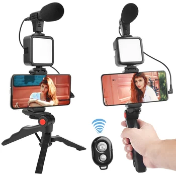 KIT01 Smartphone Vlogging Kits de Controle Remoto sem Fio Led Luz de Vídeo Tripé de Microfone com Suporte do Telefone para o Youtube