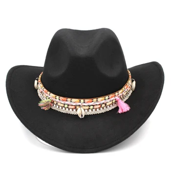 Mistdawn 2022 Mulheres Senhoras de Lã de Aba Larga Western Cowboy Chapéu de Cowgirl Andar Traje Boné de Borla Bohemia Hatband Tamanho 56-58cm BBD