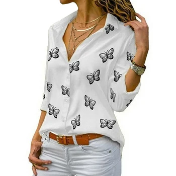 Moda Borboleta Camisa de Impressão Mulheres Blusas Casual Manga Longa Vire para baixo de Gola de Blusa Camisa Casual Tops de Trabalho Elegante Camisa