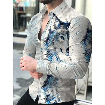 Moda de Luxo Social, camisa de homem, Vire para baixo de Gola, Abotoado Camisa Casual Lobo de Impressão Tops de Manga Longa, Homens com Roupas de Baile Cardigan