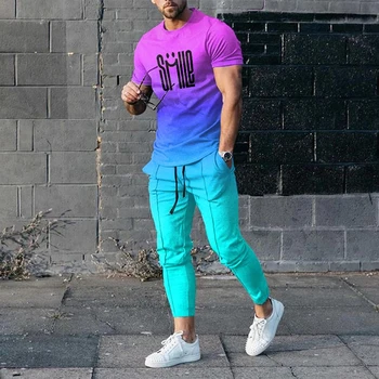 Moda de T-shirt, Calças compridas Conjunto de 2023 Homens Conjuntos de Smiley impressos em 3D Fatos de treino de 2 peças de Roupa de roupas de Manga Curta Streetwear